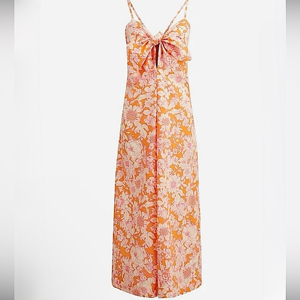 J‎ crew Tie-front Strappy cotton poplin midi dress in orange floral size Medium